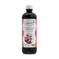 Bio koncentrat napoju probiotycznego NatVita – odmiana z zielem czystka i skórką dzikiej róży.