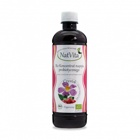 Bio koncentrat napoju probiotycznego NatVita – odmiana z zielem czystka i skórką dzikiej róży.