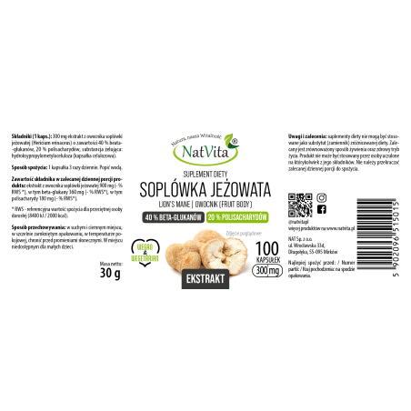 Soplówka Jeżowata ekstrakt 40% beta glukanów kapsułki 300mg - zdjęcie produktu