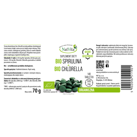 Spirulina BIO + Chlorella BIO tabletki 500mg - zdjęcie produktu