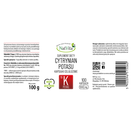 Cytrynian Potasu kapsułki 1000mg - zdjęcie produktu