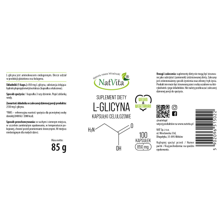 L-Glicyna (kwas aminooctowy 99,26%) kapsułki 850mg - zdjęcie produktu