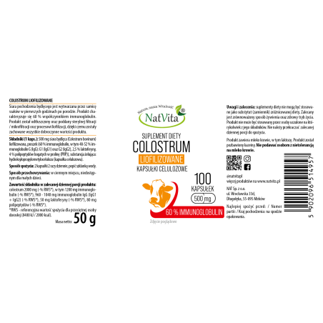 Colostrum liofilizowane 60 % Ig kapsułki celulozowe 500mg - zdjęcie produktu