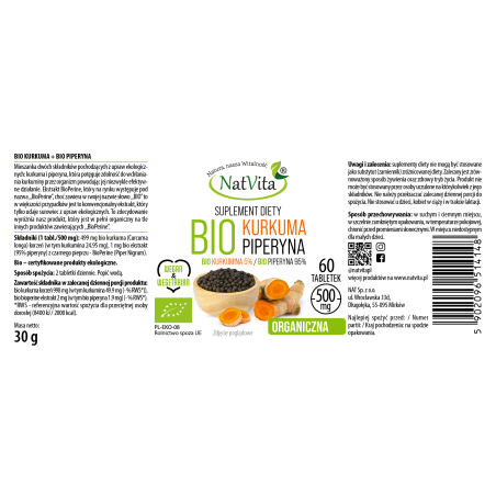 Kurkuma BIO + Piperyna BIO tabletki 500mg - zdjęcie produktu