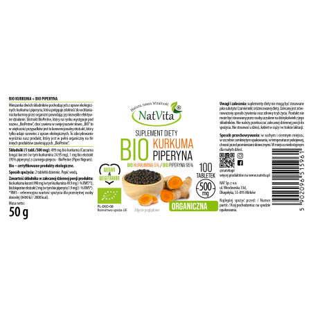 Kurkuma BIO + Piperyna BIO tabletki 500mg - zdjęcie produktu